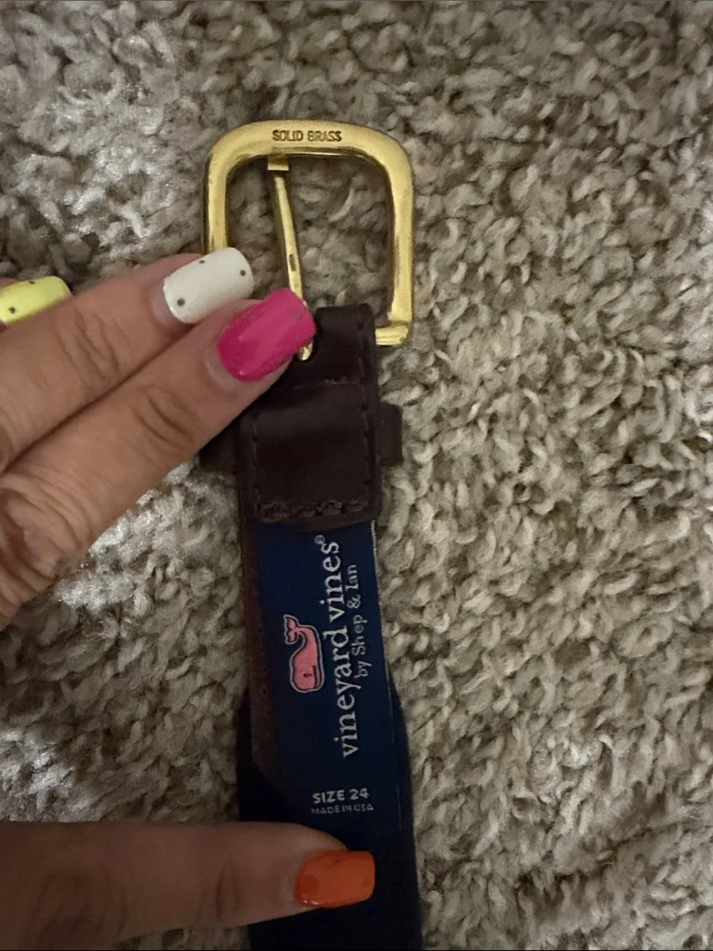 Vineyard Vines Pink Patterned Web Belt with Brown Leather Trim